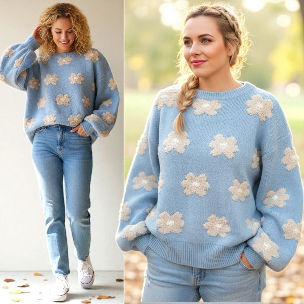 POL Oversized Sweater Blue Daisy Floral Drop Shoulder Size Medium NEW - Picture 4 of 6